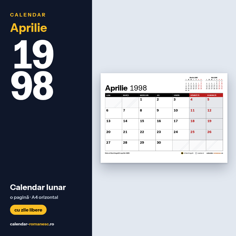Calendar Aprilie 1998 de imprimat