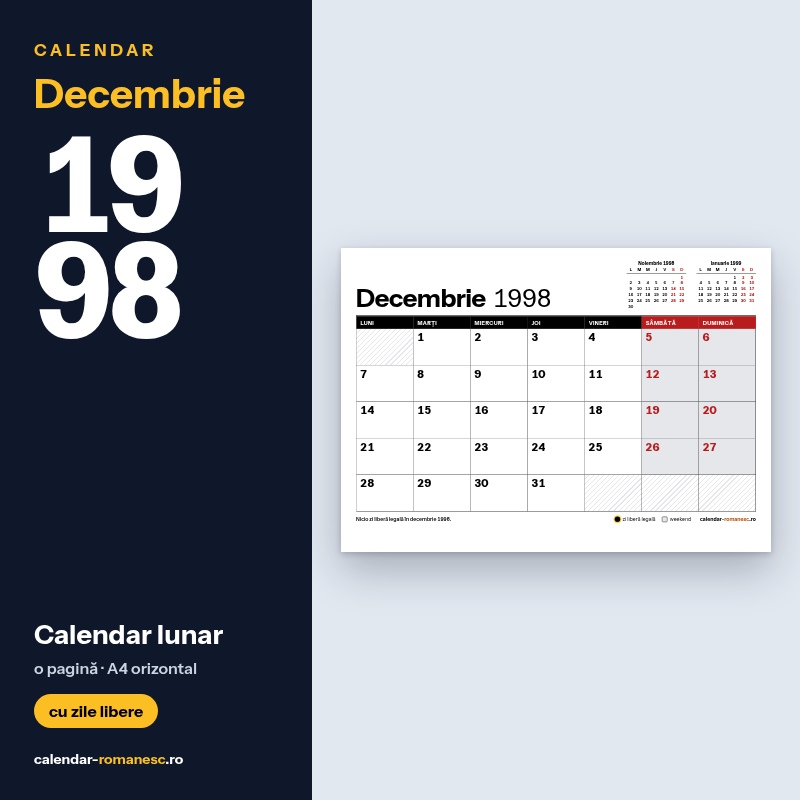 Calendar Decembrie 1998 de imprimat