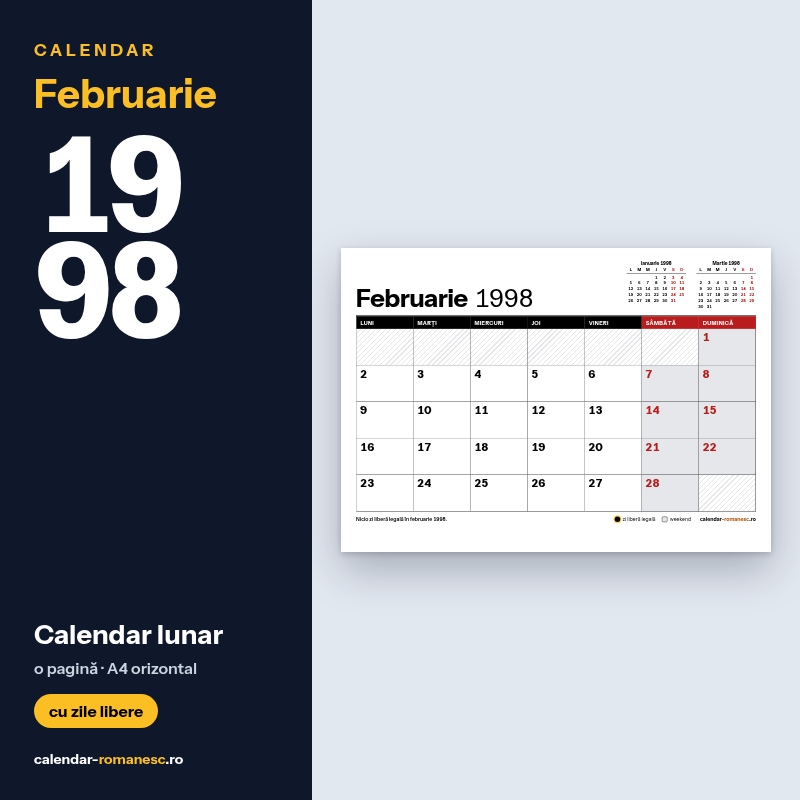 Calendar Februarie 1998 de imprimat