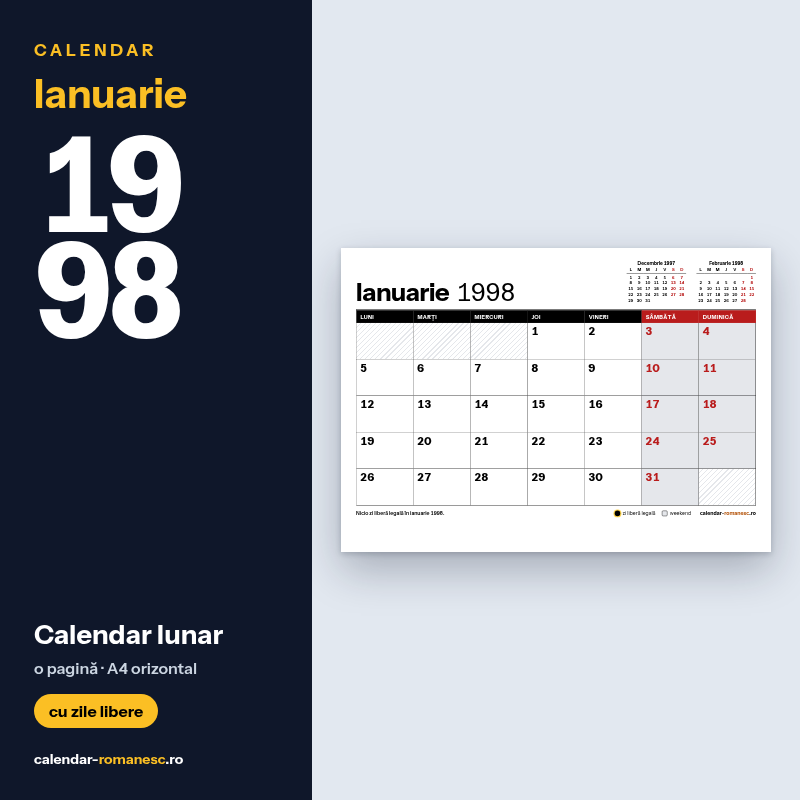 Calendar Ianuarie 1998 de imprimat