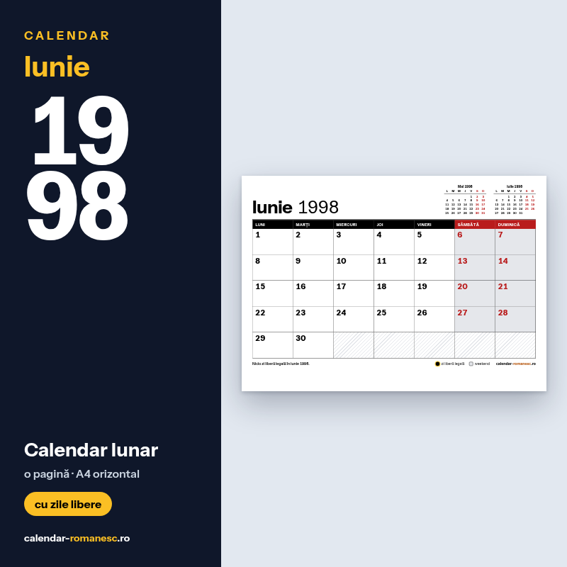 Calendar Iunie 1998 de imprimat
