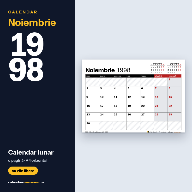 Calendar Noiembrie 1998 de imprimat