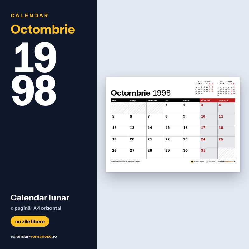 Calendar Octombrie 1998 de imprimat
