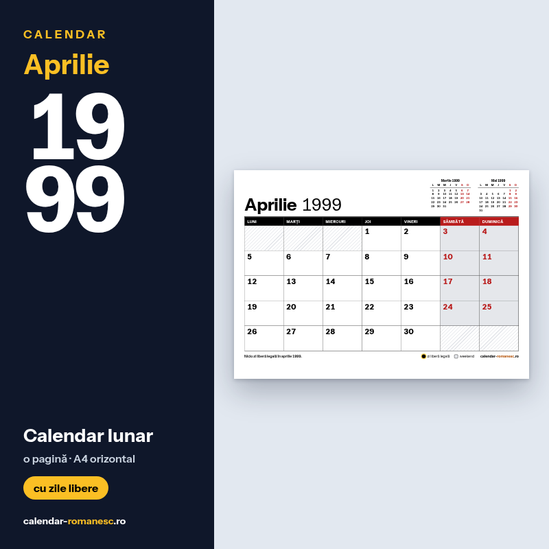 Calendar Aprilie 1999 de imprimat