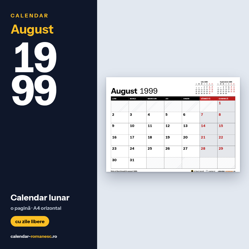 Calendar August 1999 de imprimat