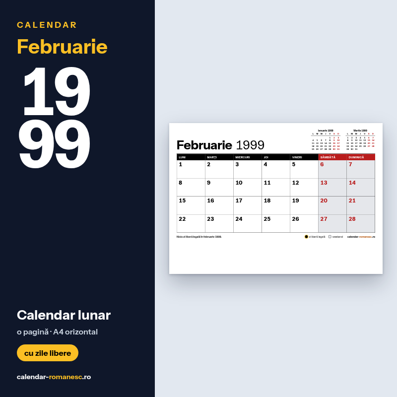 Calendar Februarie 1999 de imprimat