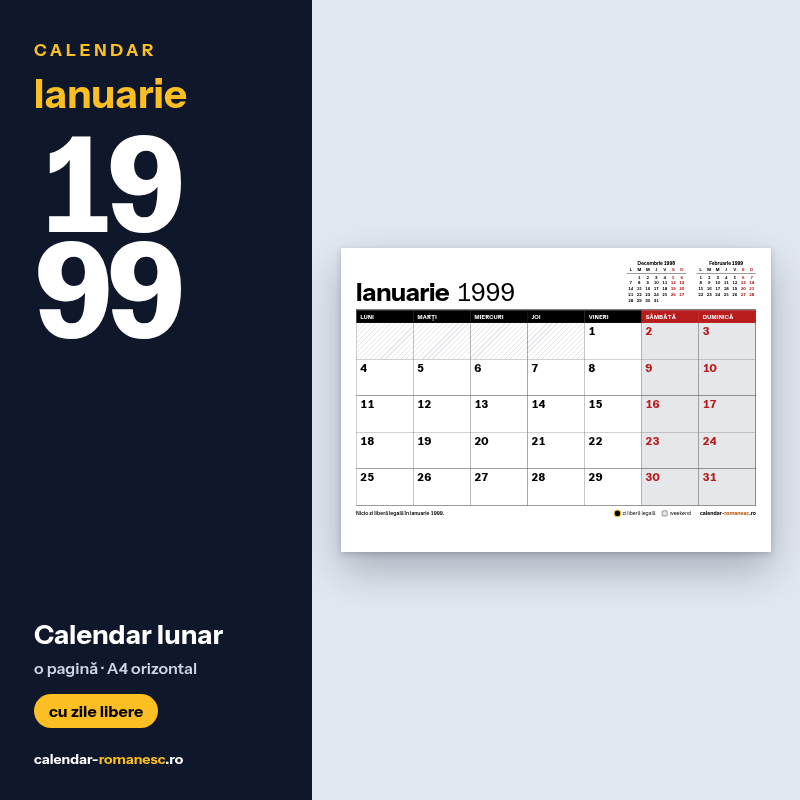 Calendar Ianuarie 1999 de imprimat