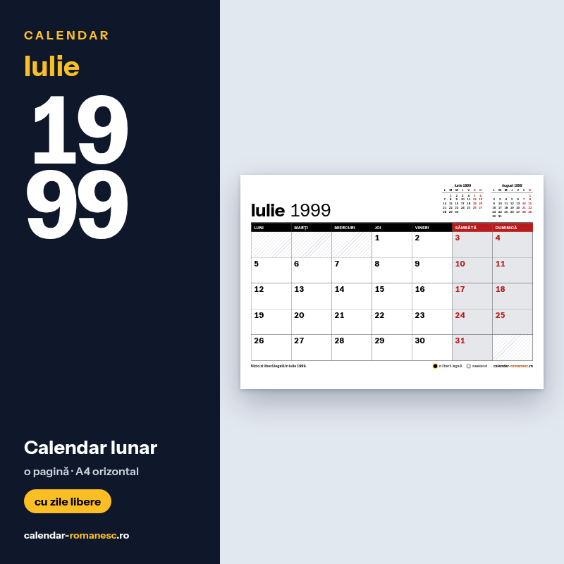 Calendar Iulie 1999 de imprimat