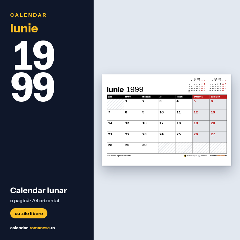 Calendar Iunie 1999 de imprimat