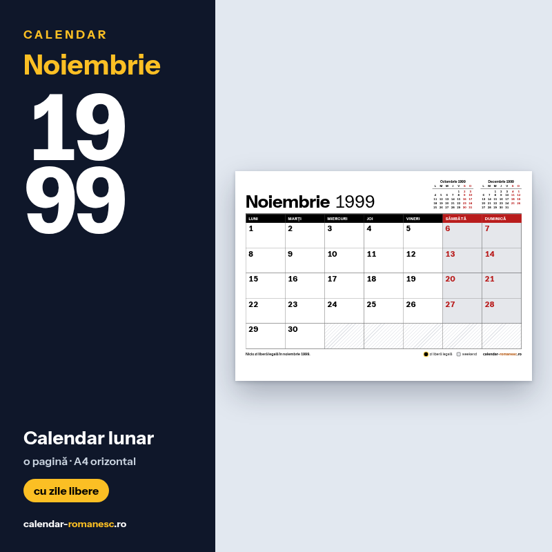 Calendar Noiembrie 1999 de imprimat
