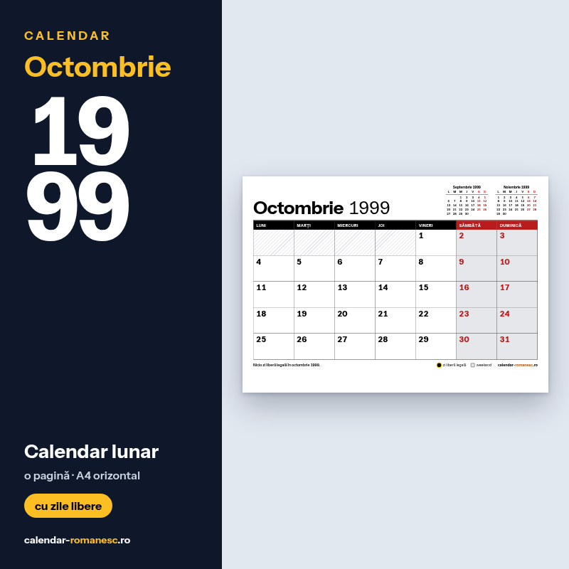 Calendar Octombrie 1999 de imprimat