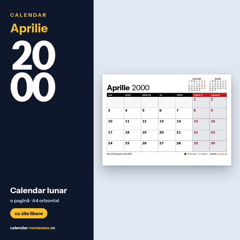 Calendar Aprilie 2000 de imprimat