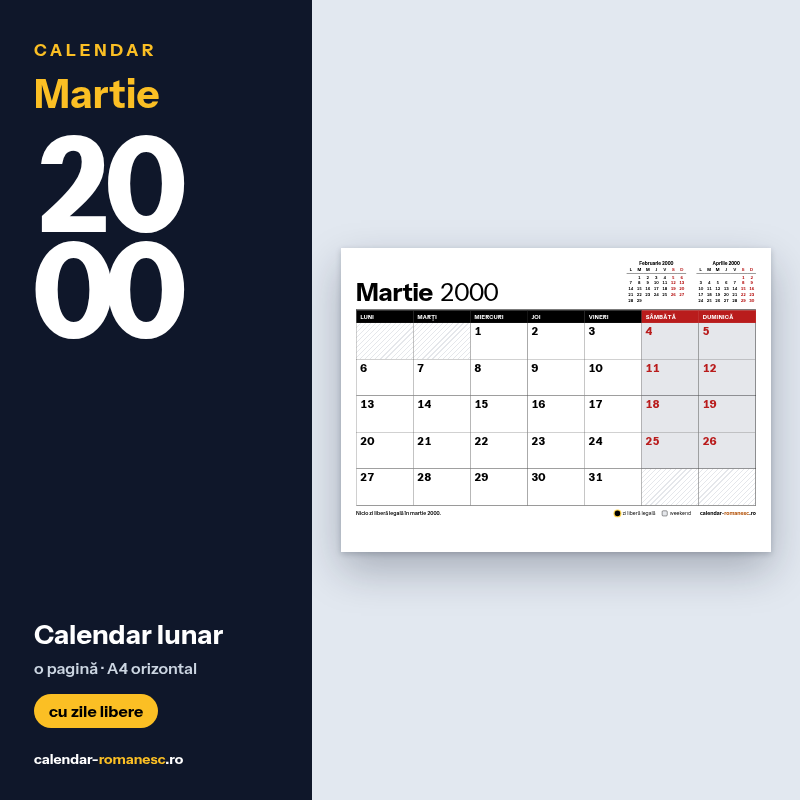Calendar Martie 2000 de imprimat
