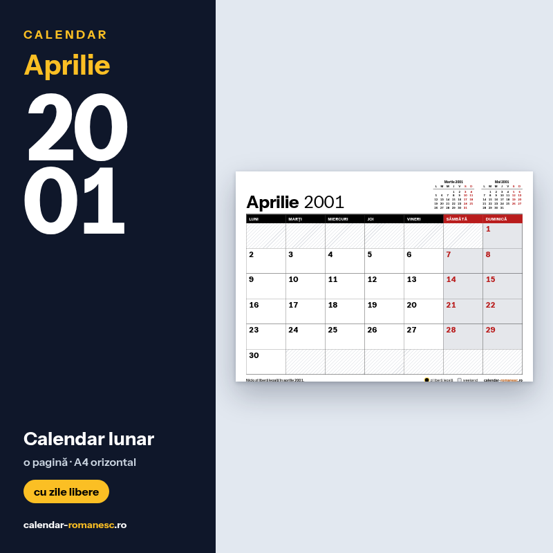 Calendar Aprilie 2001 de imprimat