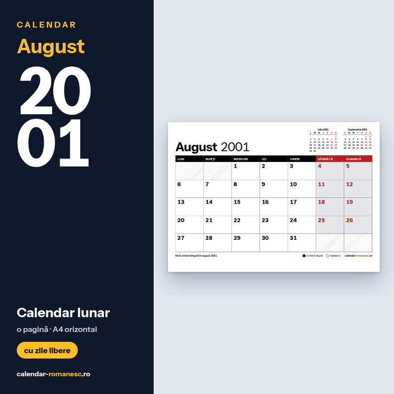 Calendar August 2001 de imprimat