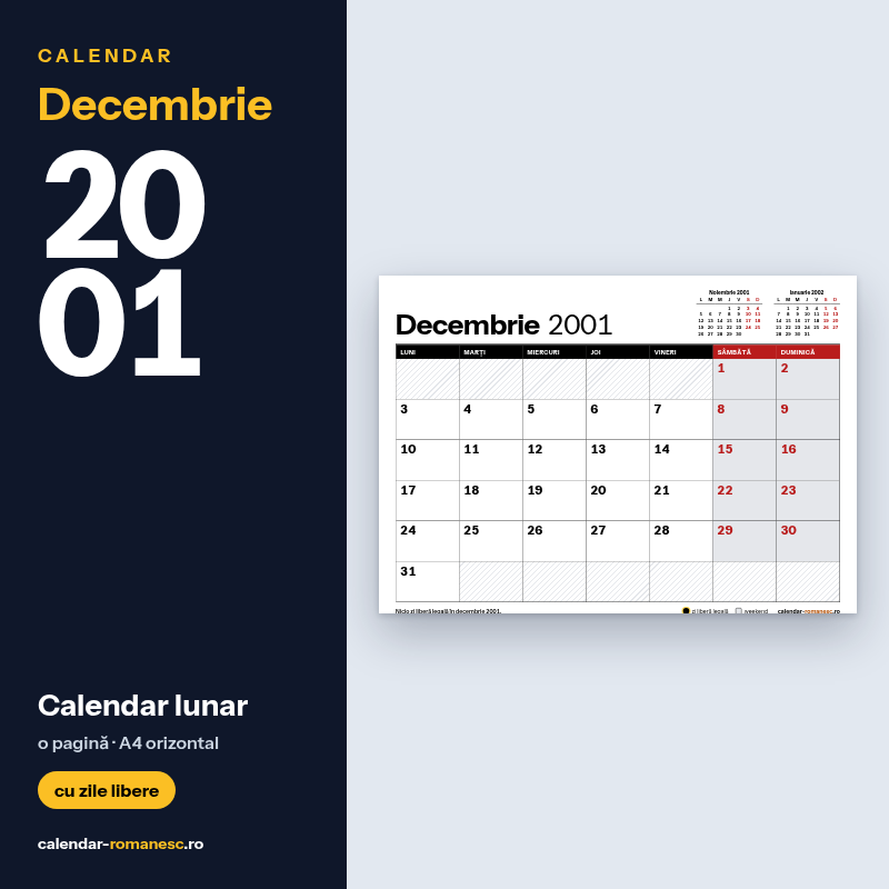 Calendar Decembrie 2001 de imprimat