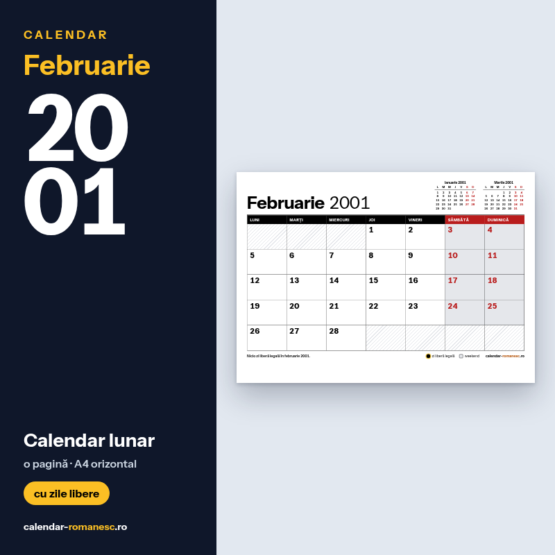 Calendar Februarie 2001 de imprimat