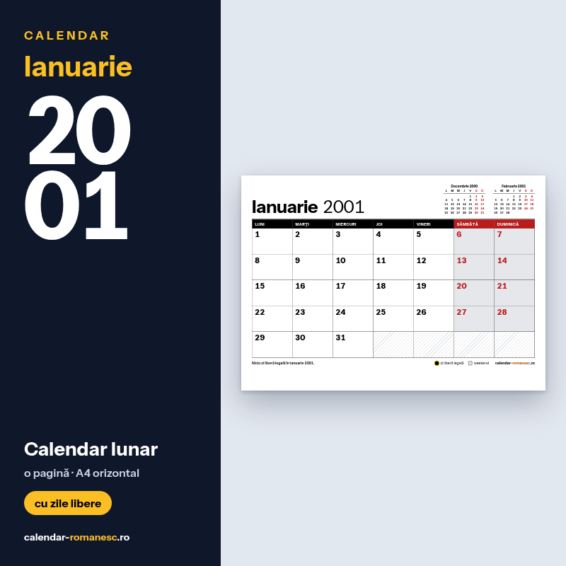 Calendar Ianuarie 2001 de imprimat