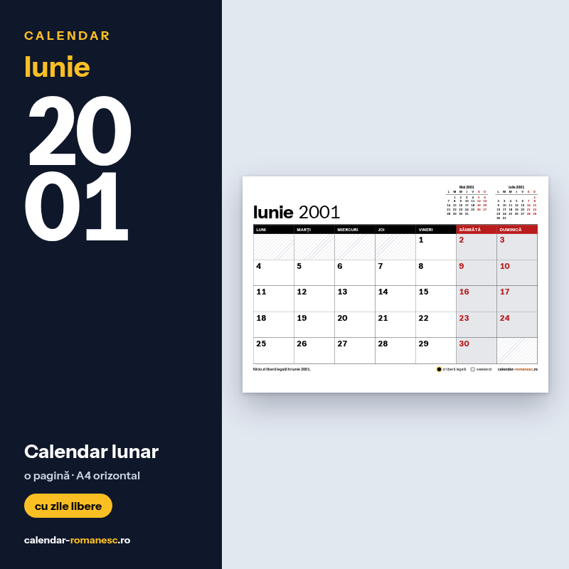 Calendar Iunie 2001 de imprimat