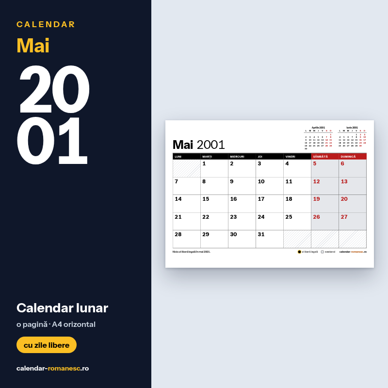 Calendar Mai 2001 de imprimat