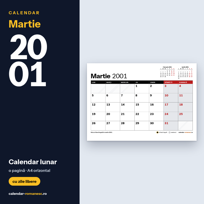 Calendar Martie 2001 de imprimat