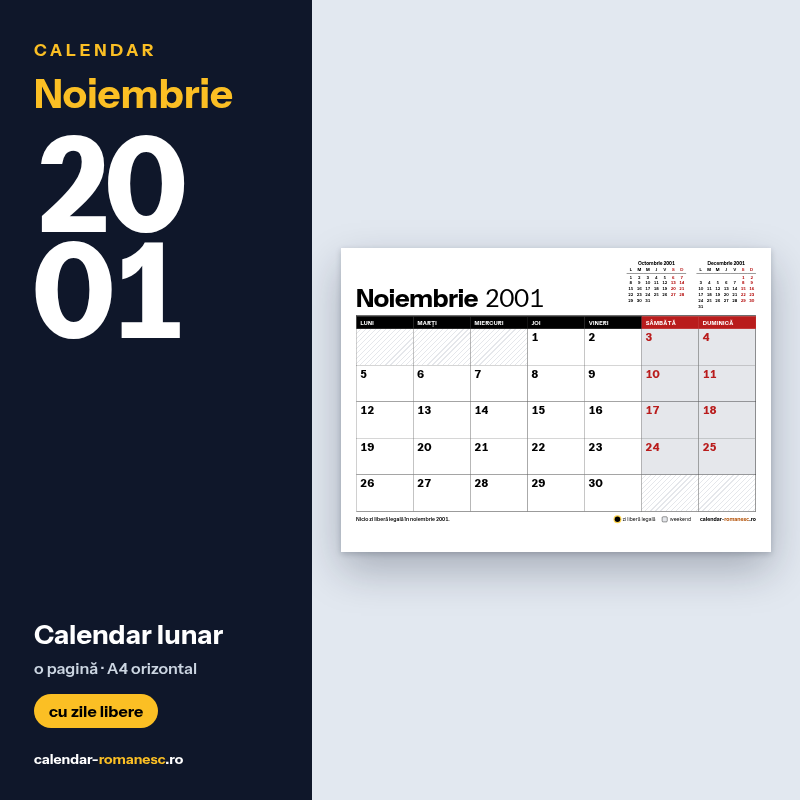 Calendar Noiembrie 2001 de imprimat