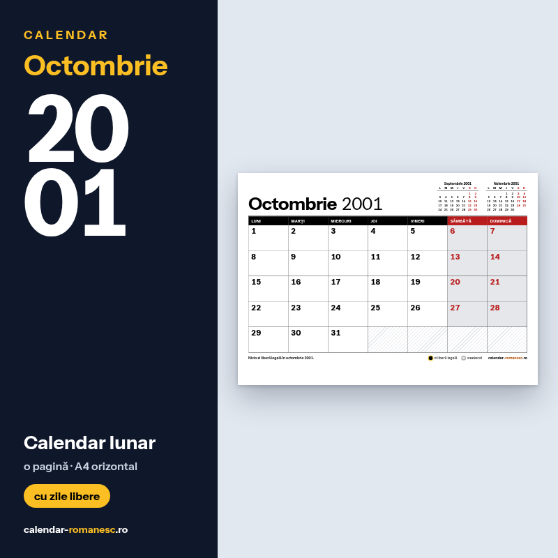 Calendar Octombrie 2001 de imprimat