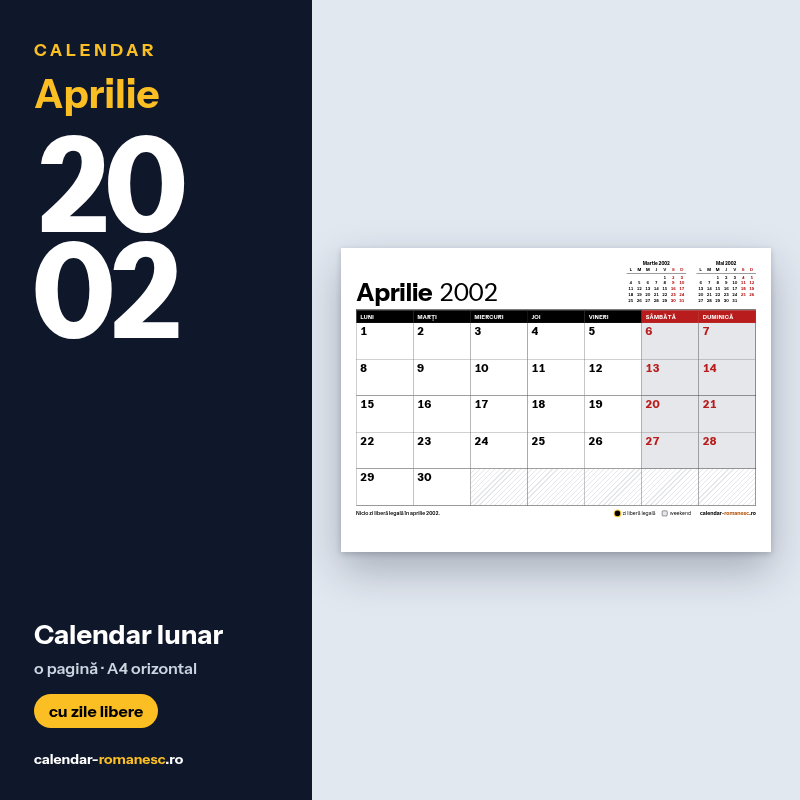 Calendar Aprilie 2002 de imprimat