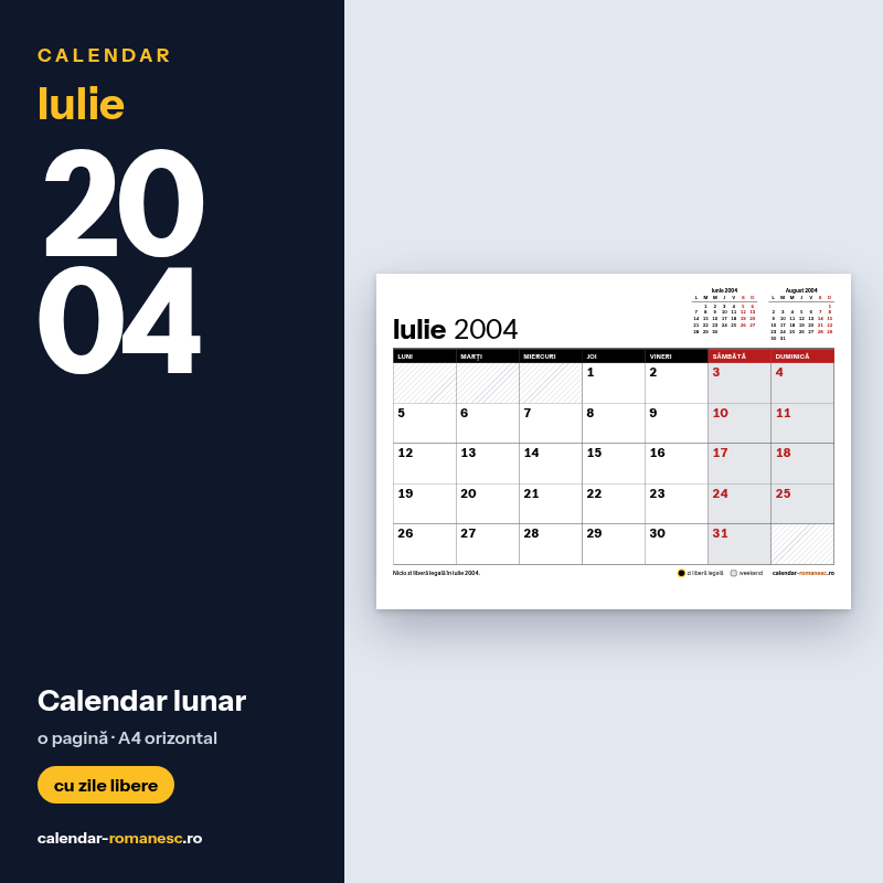 Calendar Iulie 2004 de imprimat