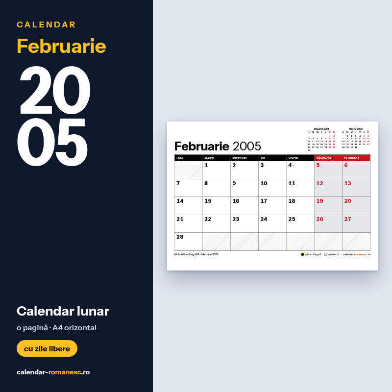 Calendar Februarie 2005 de imprimat