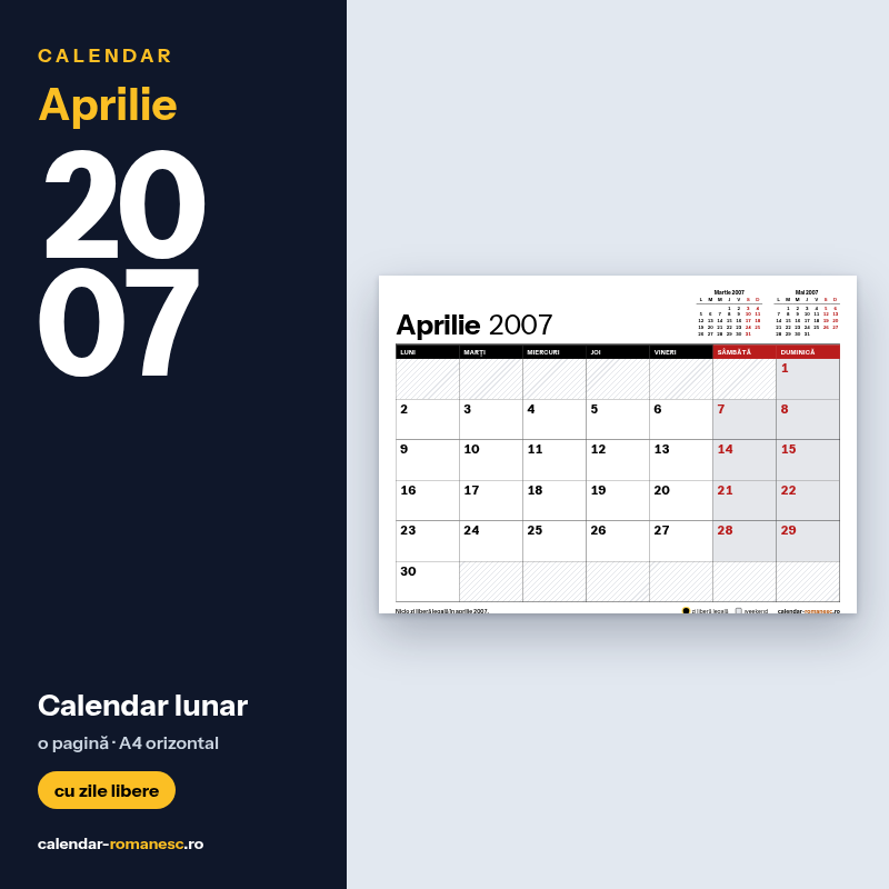 Calendar Aprilie 2007 de imprimat