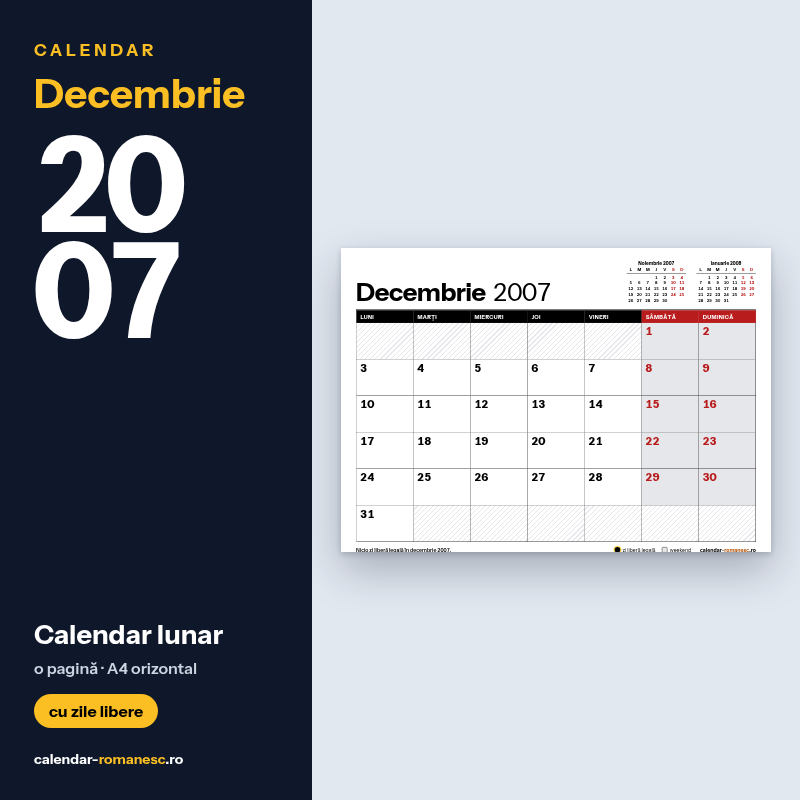 Calendar Decembrie 2007 de imprimat