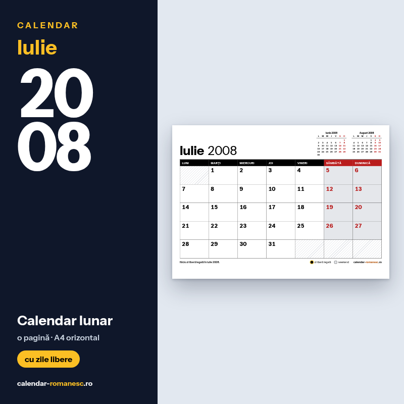 Calendar Iulie 2008 de imprimat