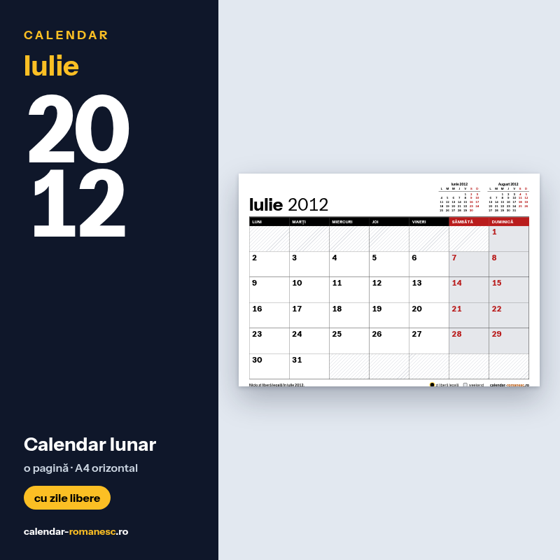Calendar Iulie 2012 de imprimat