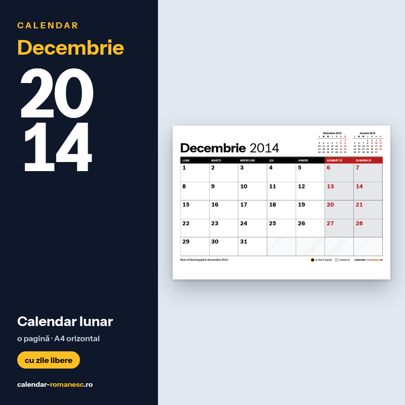 Calendar Decembrie 2014 de imprimat