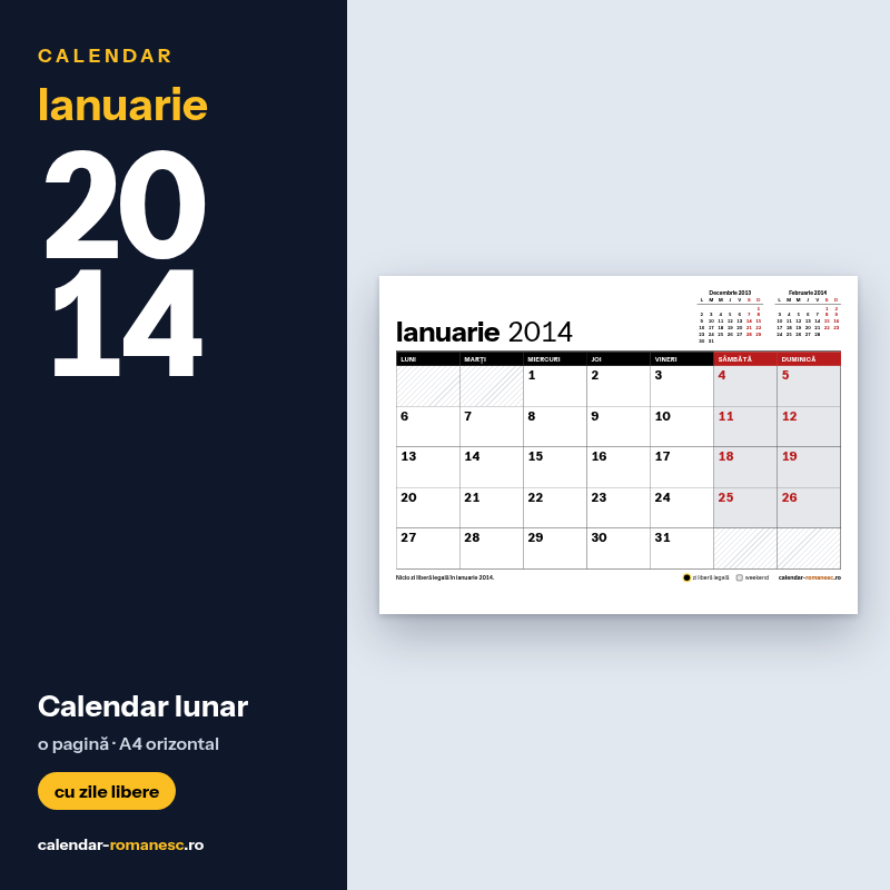Calendar Ianuarie 2014 de imprimat