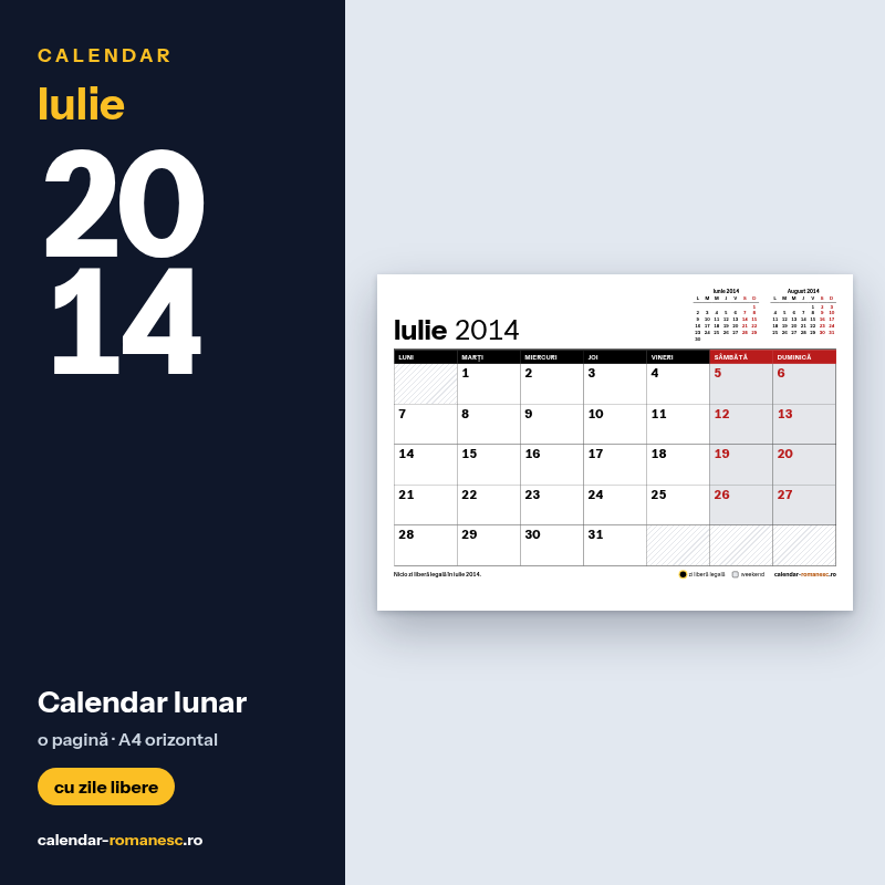 Calendar Iulie 2014 de imprimat