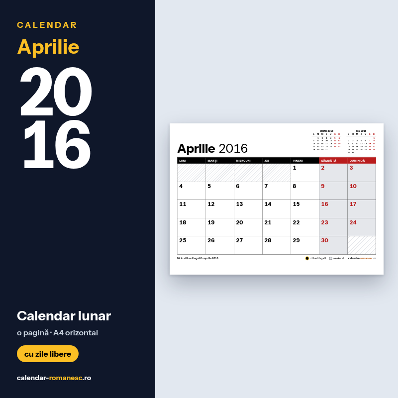 Calendar Aprilie 2016 de imprimat