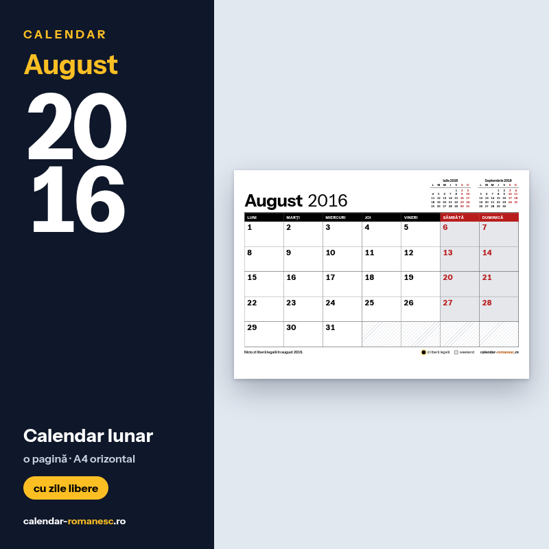 Calendar August 2016 de imprimat