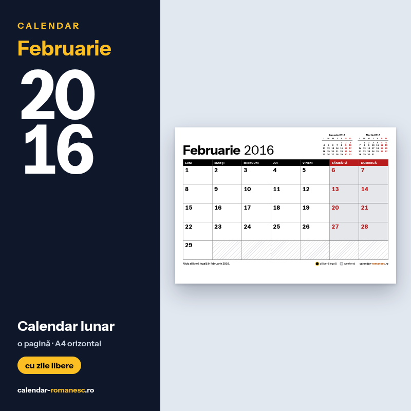 Calendar Februarie 2016 de imprimat