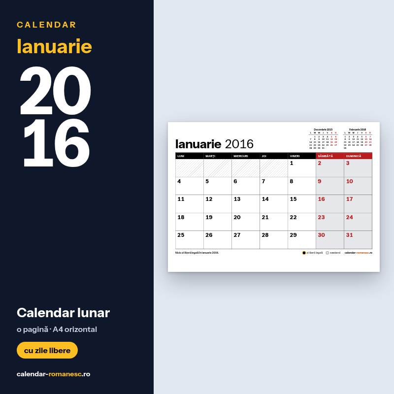 Calendar Ianuarie 2016 de imprimat