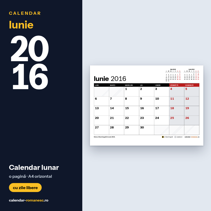 Calendar Iunie 2016 de imprimat