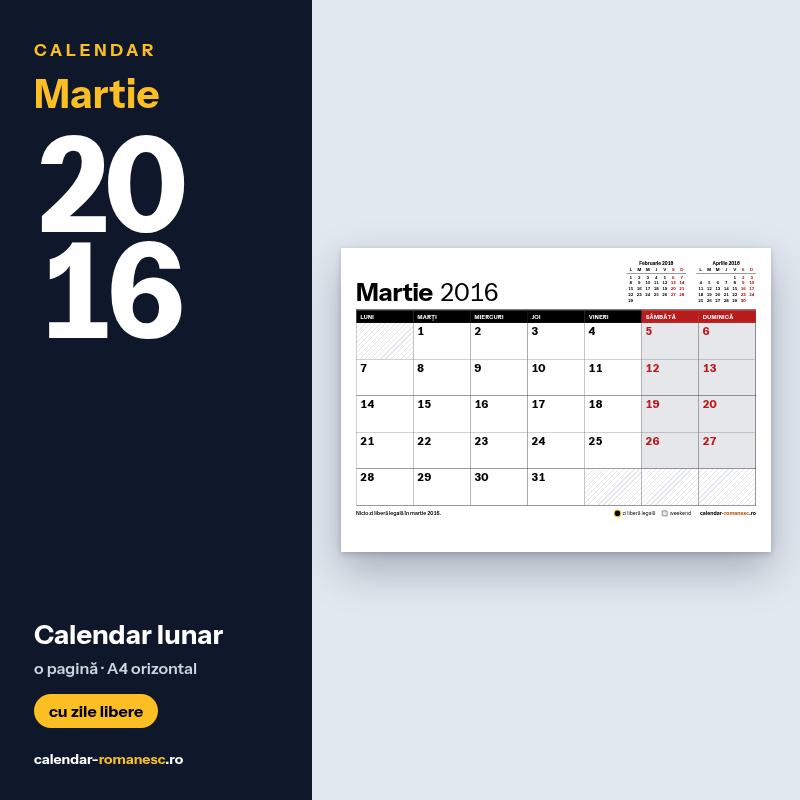 Calendar Martie 2016 de imprimat