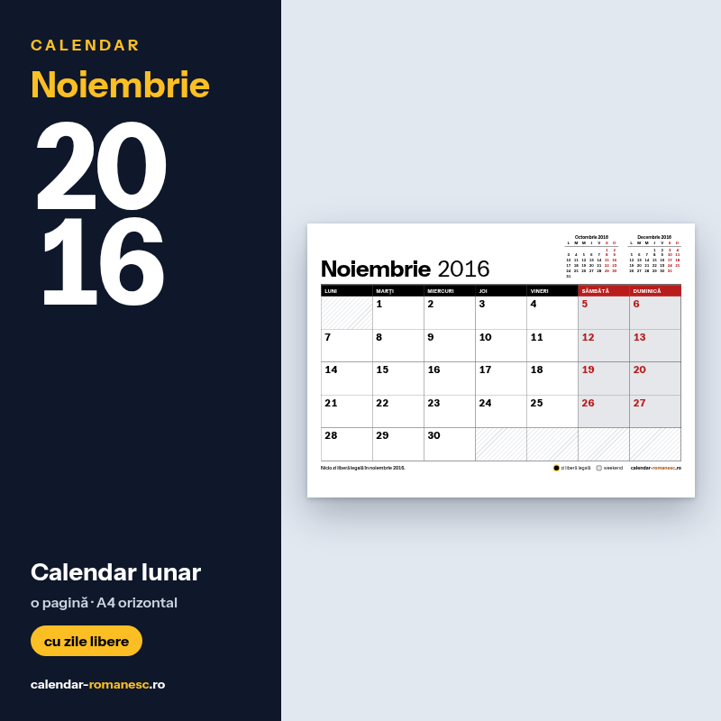 Calendar Noiembrie 2016 de imprimat
