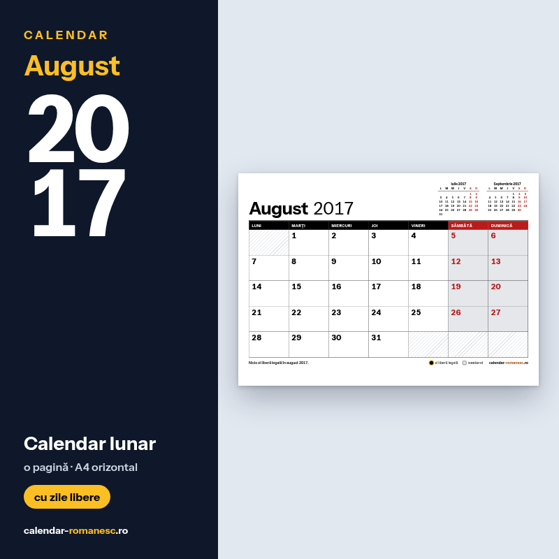 Calendar August 2017 de imprimat