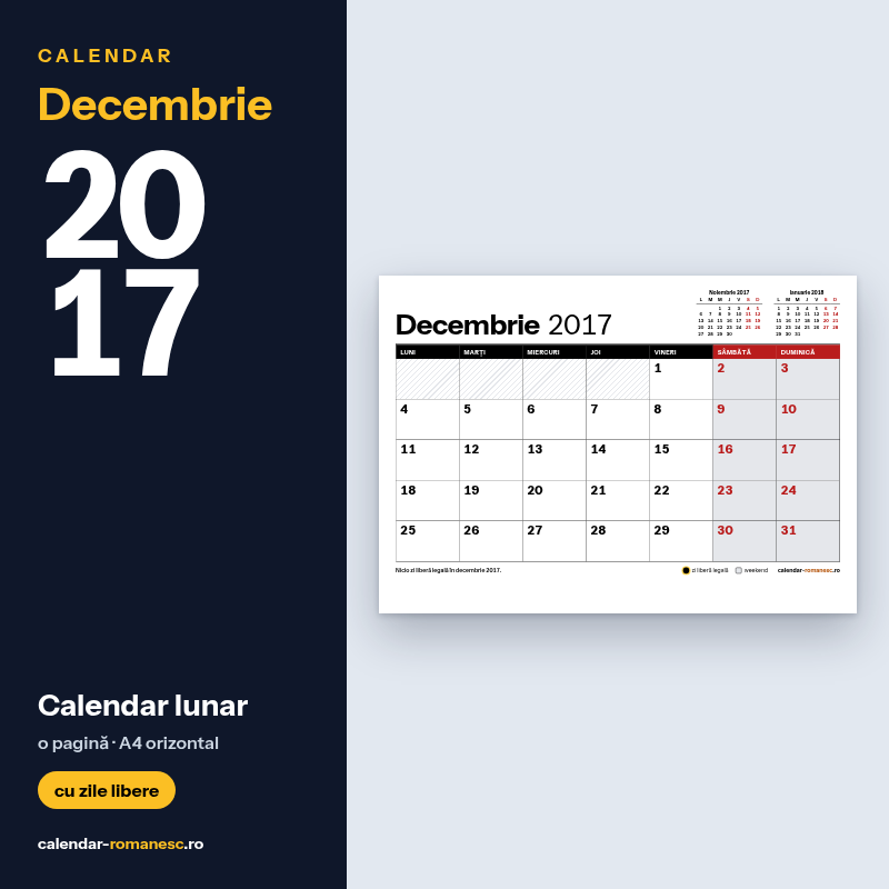 Calendar Decembrie 2017 de imprimat