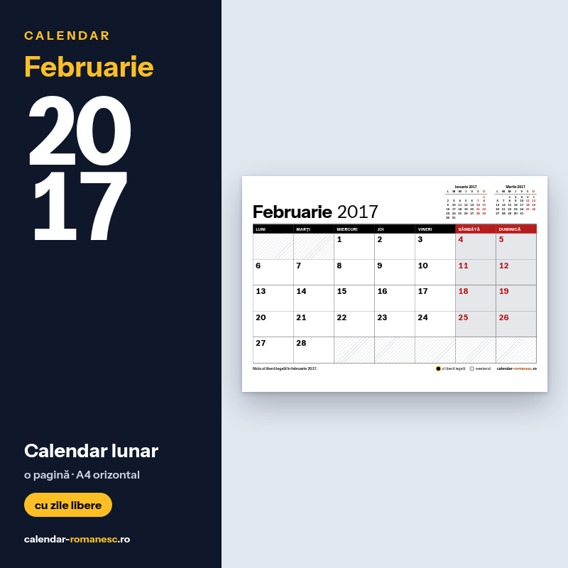 Calendar Februarie 2017 de imprimat