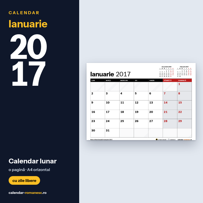 Calendar Ianuarie 2017 de imprimat