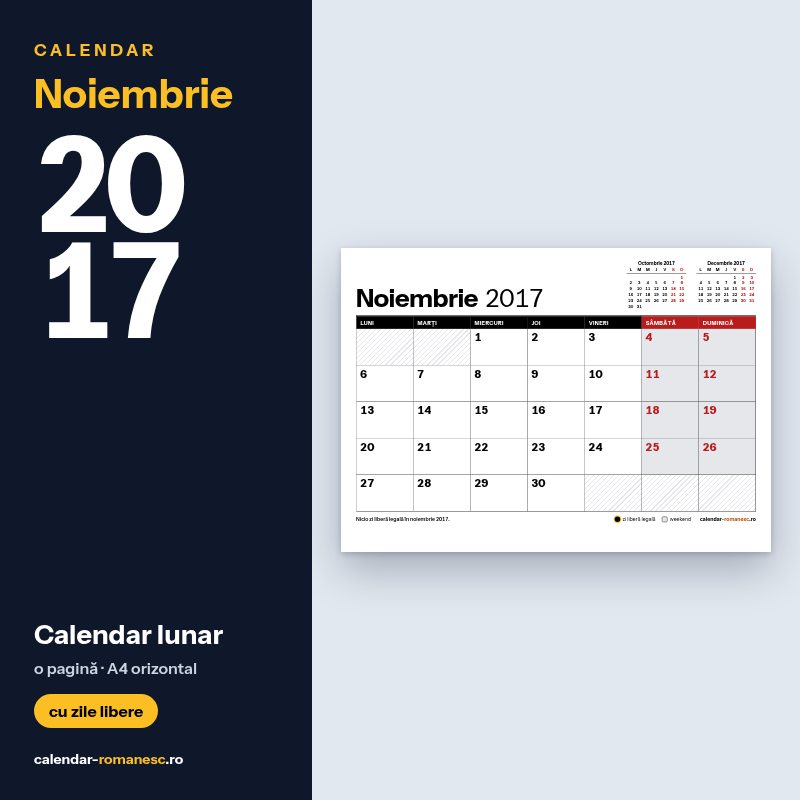 Calendar Noiembrie 2017 de imprimat