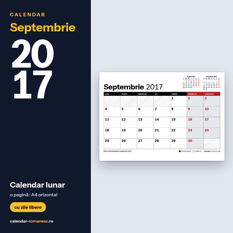 Calendar Septembrie 2017 de imprimat
